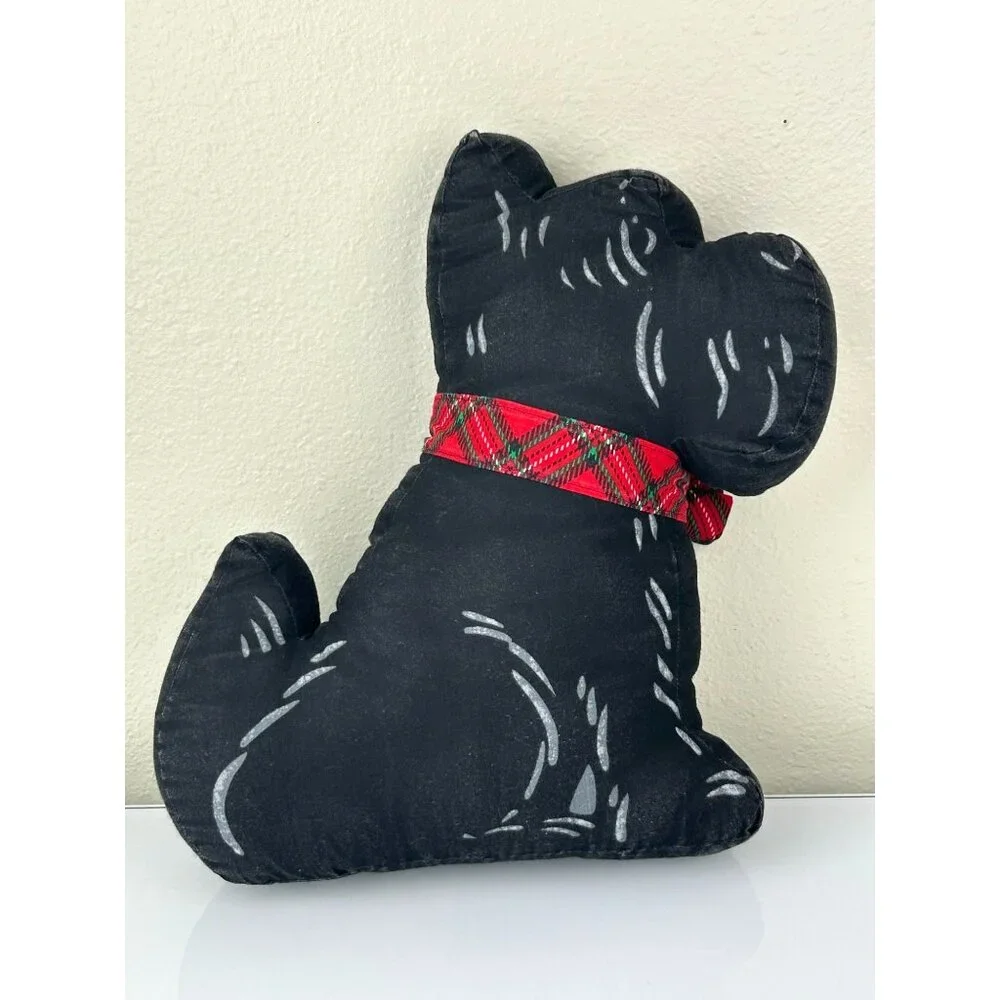 Vintage Scottie Dog with Plaid Bow Christmas Holiday Pillow Handmade Sewn READ